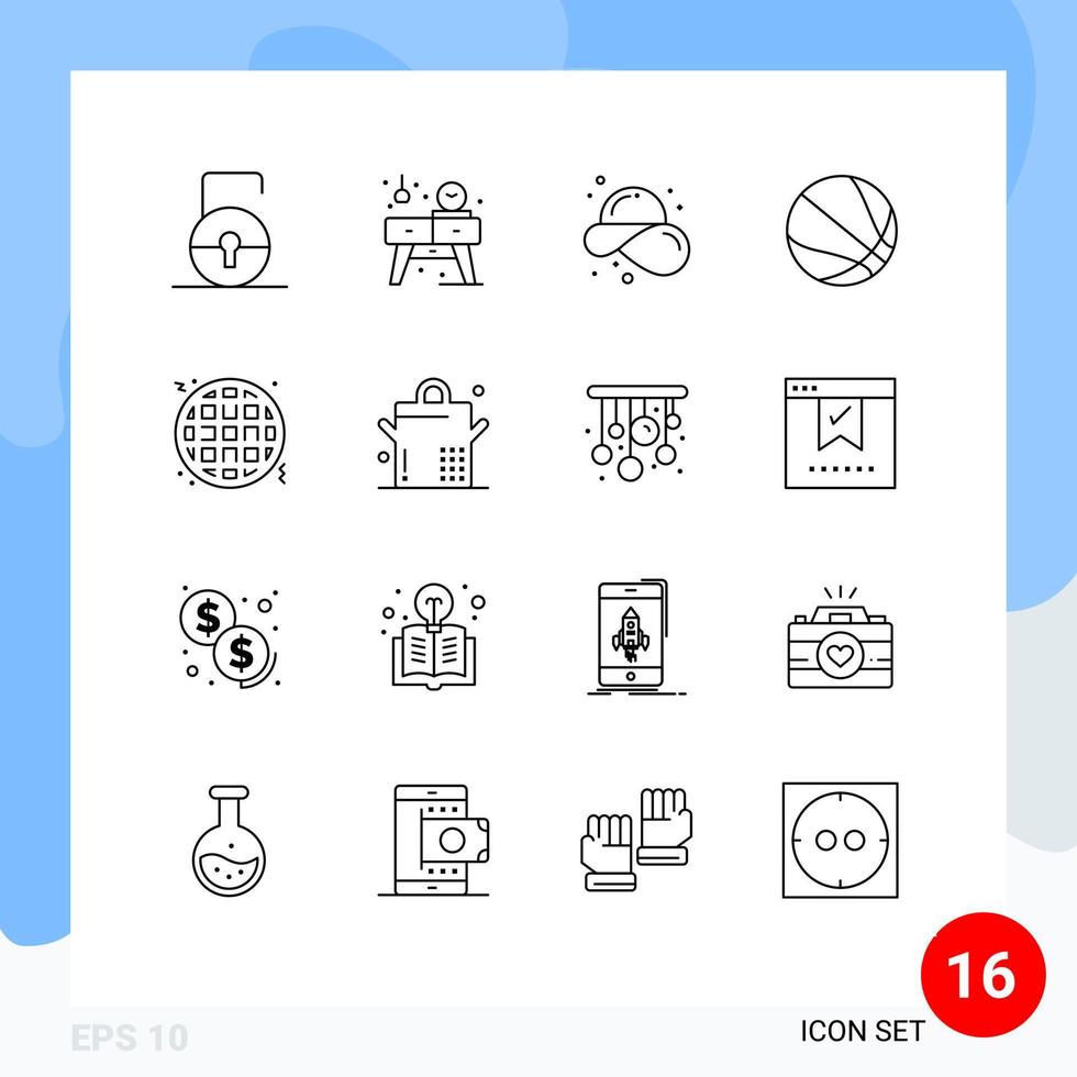 Set of 16 Vector Outlines on Grid for food basketball beach ball summer Editable Vector Design Elements