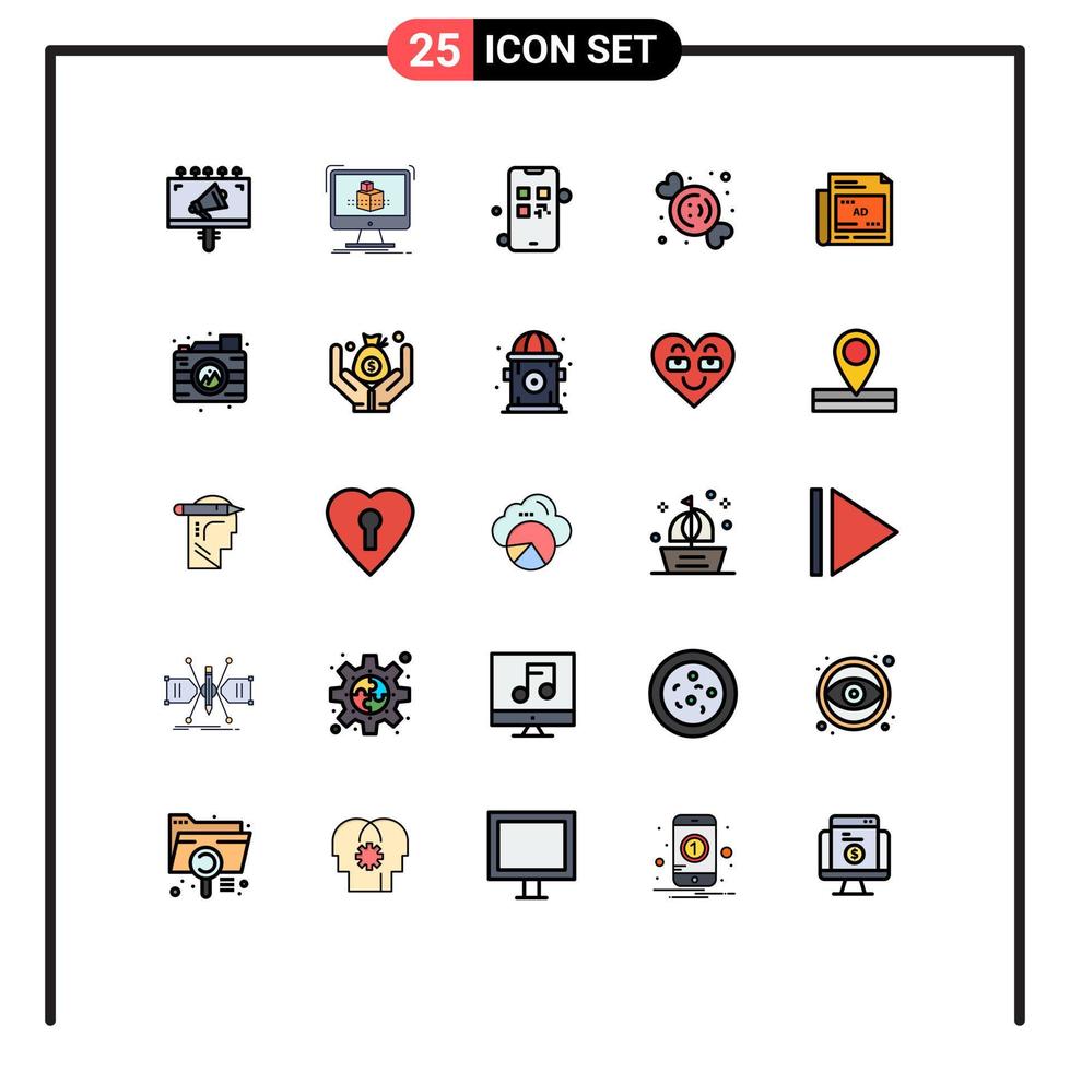 Universal Icon Symbols Group of 25 Modern Filled line Flat Colors of ad sweets growing food candy Editable Vector Design Elements