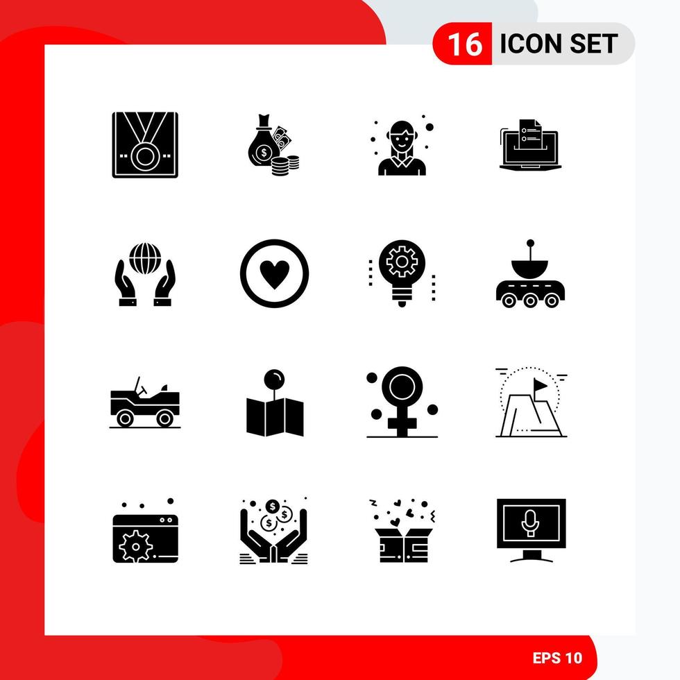 Group of 16 Solid Glyphs Signs and Symbols for competer features coins worker female Editable Vector Design Elements