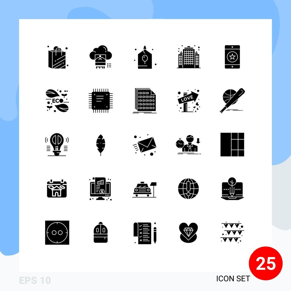 conjunto moderno de 25 glifos y símbolos sólidos, como elementos de diseño de vectores editables de construcción real de cumpleaños de teléfono móvil favorito