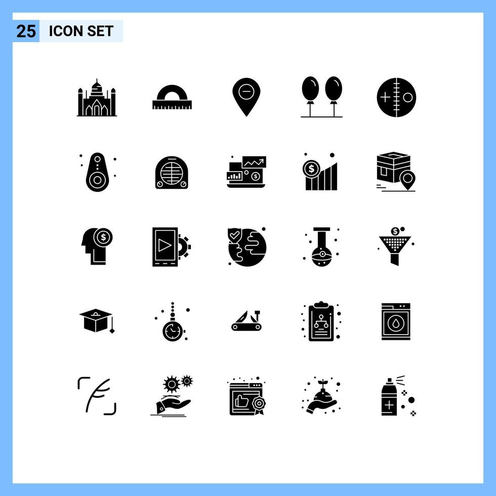 Solid Glyph Pack of 25 Universal Symbols of doll fly minimize balloon pin Editable Vector Design Elements