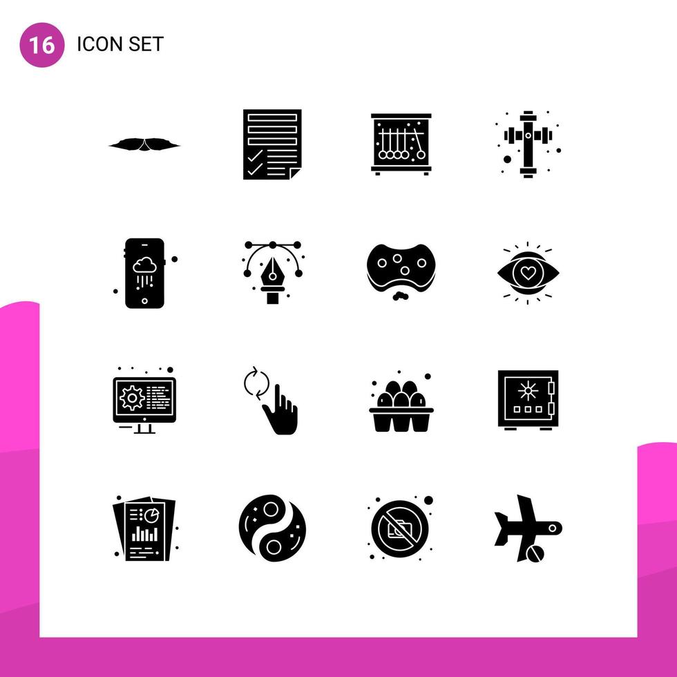 Modern Set of 16 Solid Glyphs Pictograph of weather cross paper christian science Editable Vector Design Elements