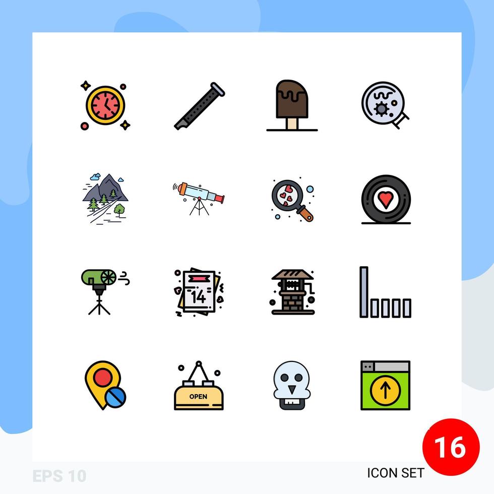 User Interface Pack of 16 Basic Flat Color Filled Lines of rocks magnifier cold laboratory ice Editable Creative Vector Design Elements