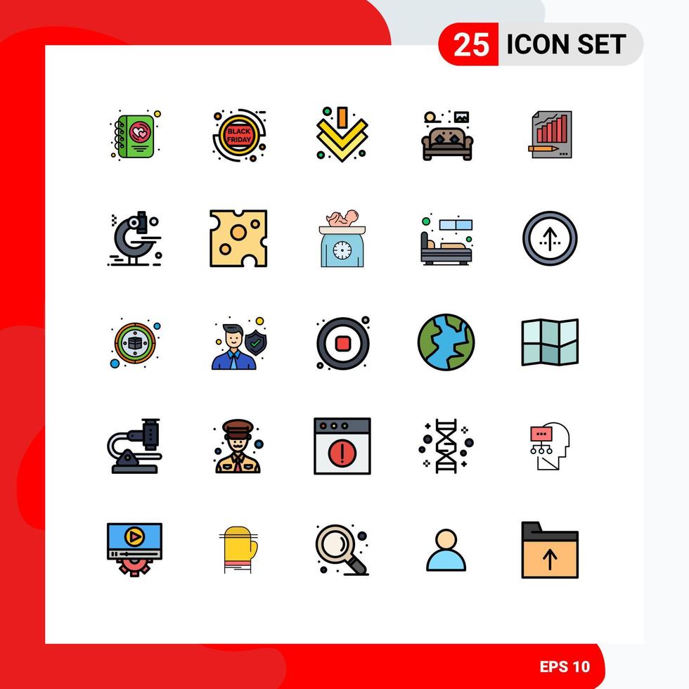 Pictogram Set of 25 Simple Filled line Flat Colors of analysis sofa arrow living furniture Editable Vector Design Elements