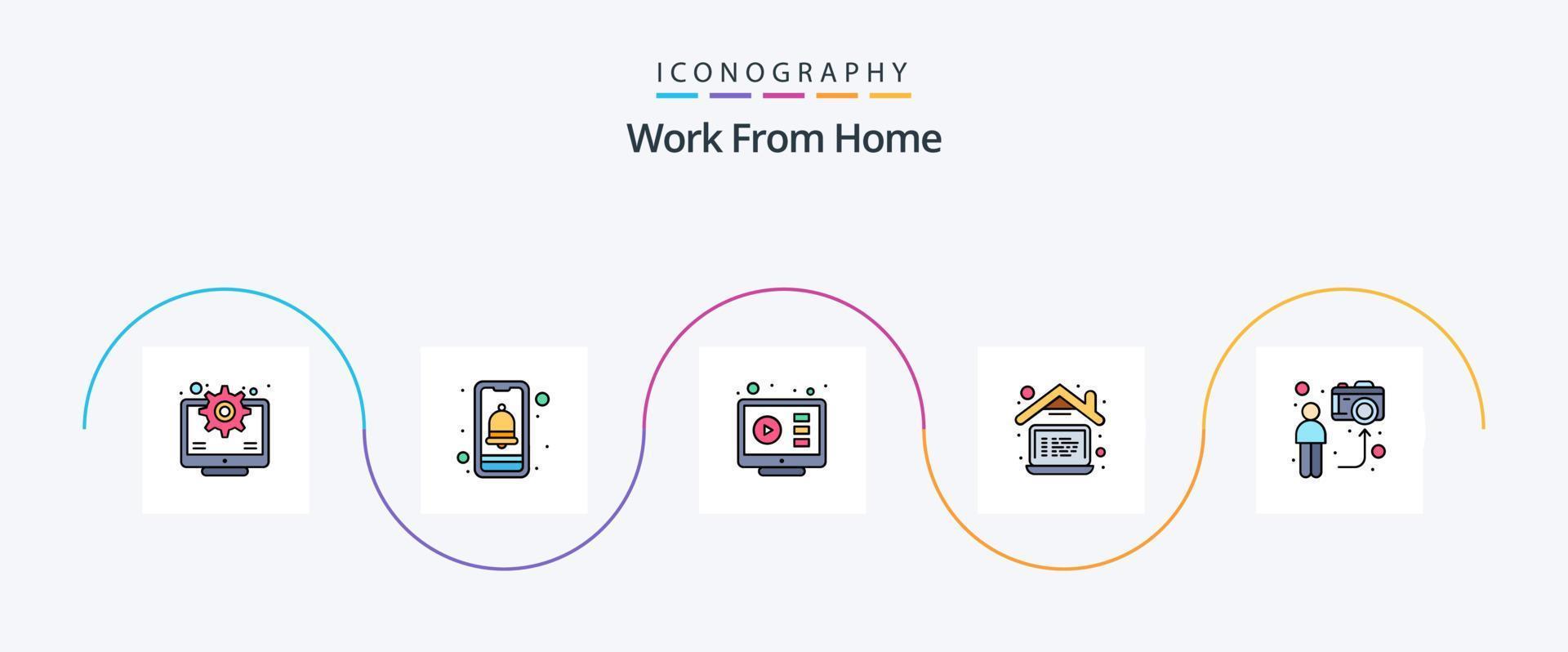 Work From Home Line Filled Flat 5 Icon Pack Including blogger. laptop. communication. home. tutorial vector