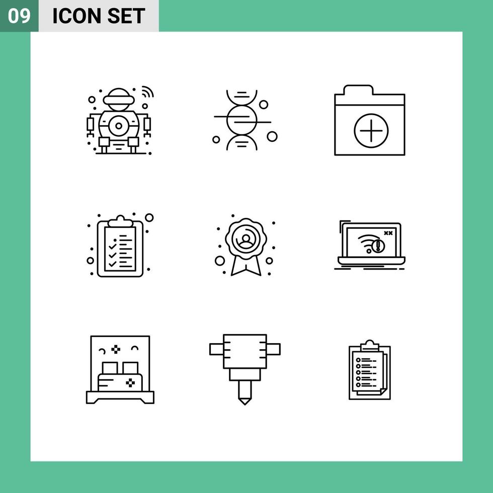 Pack of 9 Modern Outlines Signs and Symbols for Web Print Media such as ribbon badge medical list check list Editable Vector Design Elements