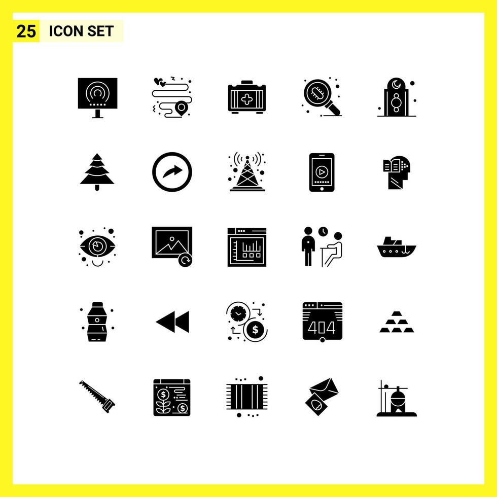 Pack of 25 Modern Solid Glyphs Signs and Symbols for Web Print Media such as islam decoration medical research lab Editable Vector Design Elements