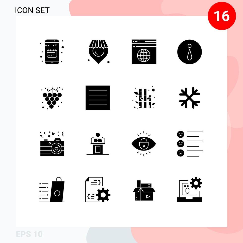 16 concepto de glifo sólido para sitios web móviles y aplicaciones círculo de información de Internet de alimentos de uva elementos de diseño vectorial editables vector
