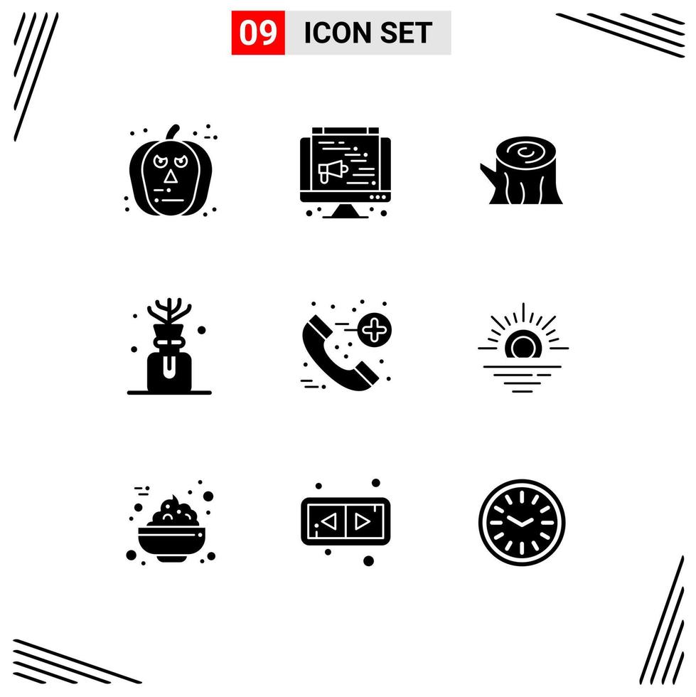 9 User Interface Solid Glyph Pack of modern Signs and Symbols of sun emergency wood call oil Editable Vector Design Elements