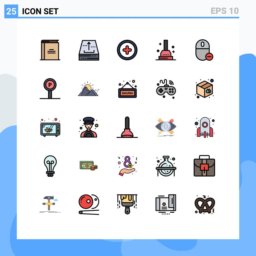 grupo de 25 colores planos de línea rellena modernos establecidos para elementos de diseño vectorial editables por el usuario del émbolo de la oficina del baño del gadget vector