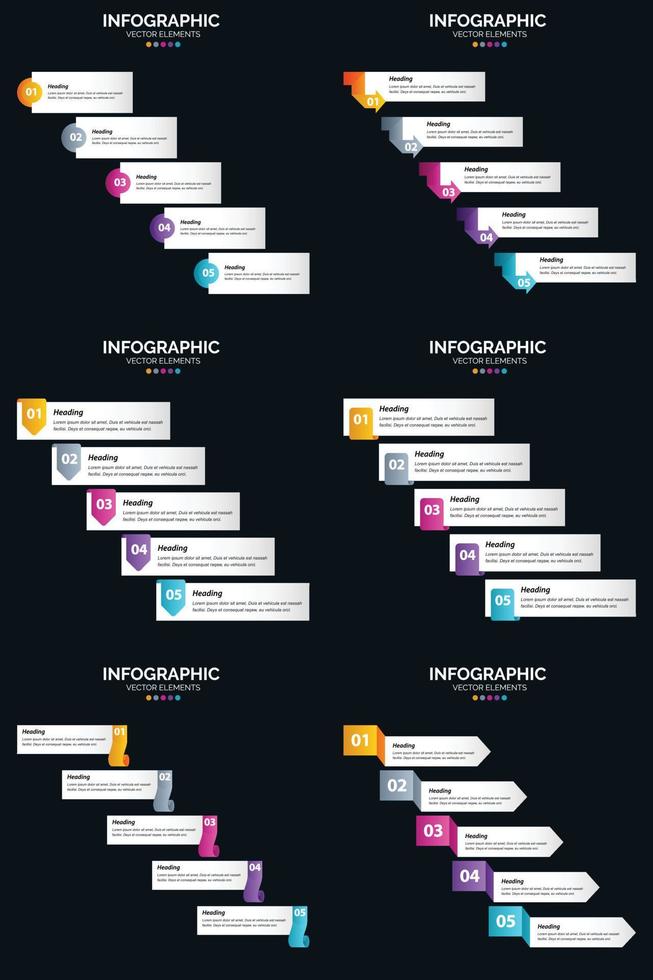 plantilla de diapositiva de presentación del paquete de infografías vectoriales 6 diagramas de ciclo de 5 pasos y líneas de tiempo vector