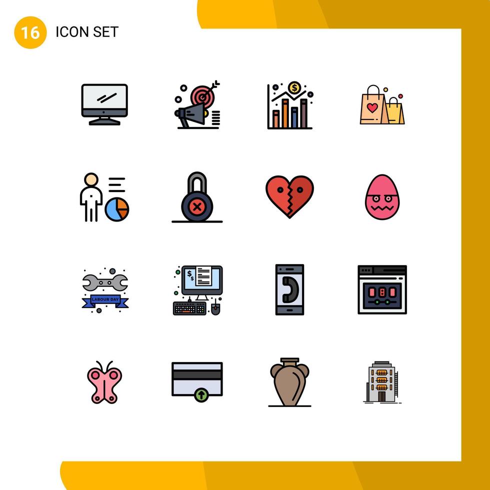 Pack of 16 creative Flat Color Filled Lines of wedding love target handbag graph Editable Creative Vector Design Elements