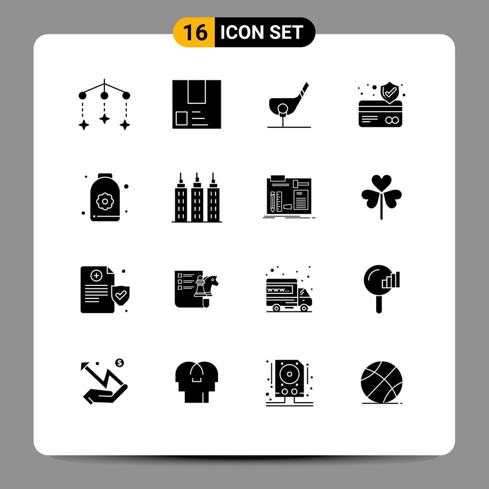 Set of 16 Modern UI Icons Symbols Signs for bottle card protection shipment atm card golf Editable Vector Design Elements