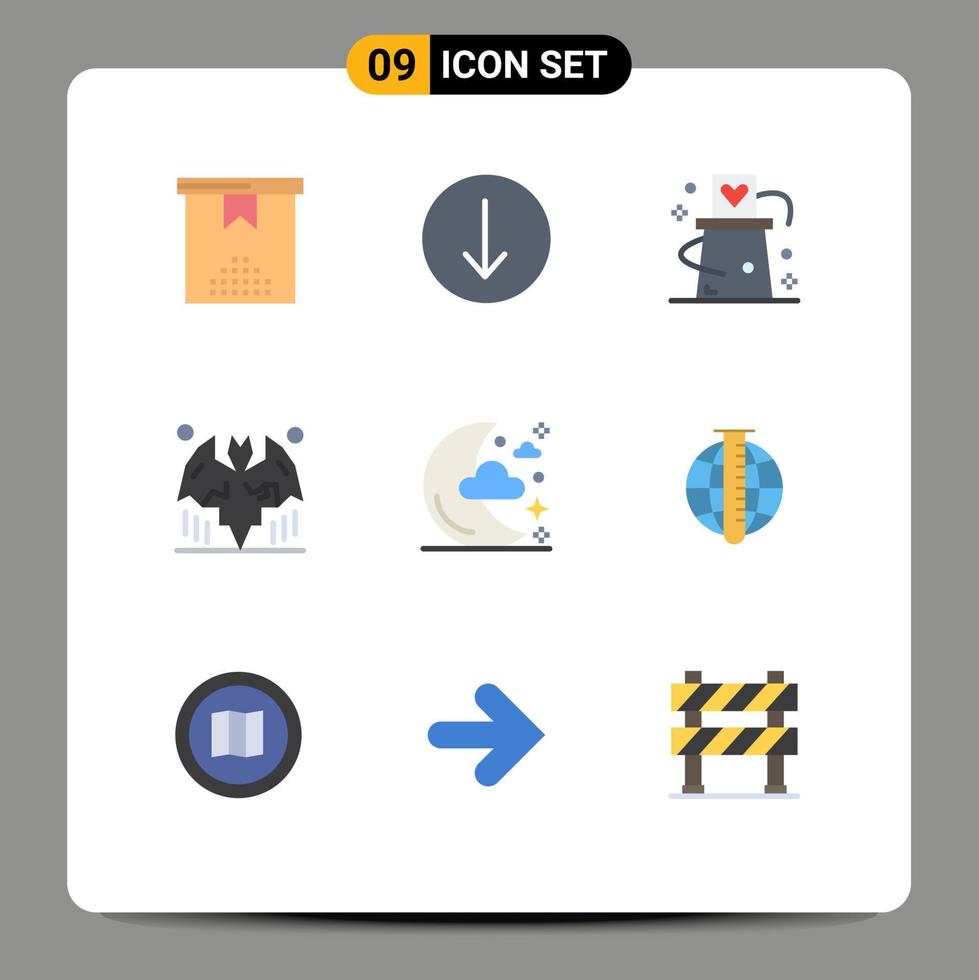 Modern Set of 9 Flat Colors Pictograph of moon night hat halloween bat Editable Vector Design Elements