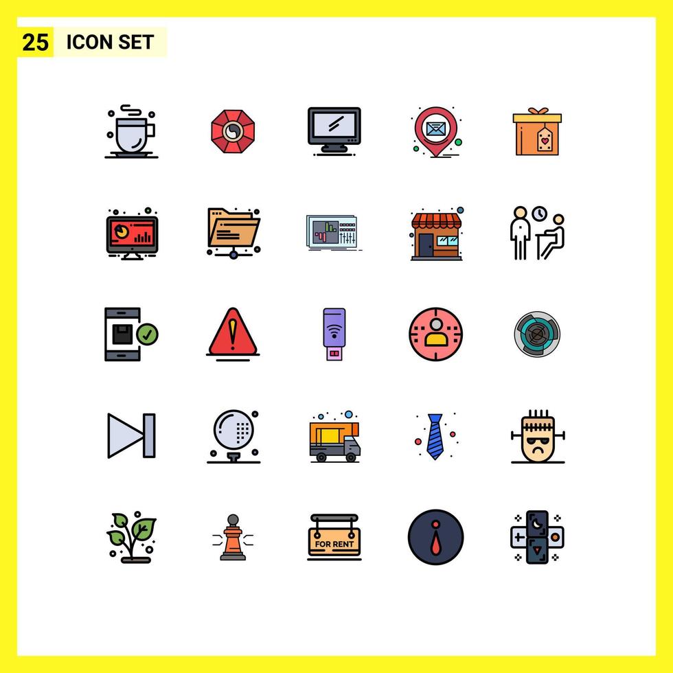 grupo de símbolos de icono universal de 25 colores planos de línea rellena moderna de elementos de diseño de vector editables de correo electrónico de pin de monitor de mensaje de caja