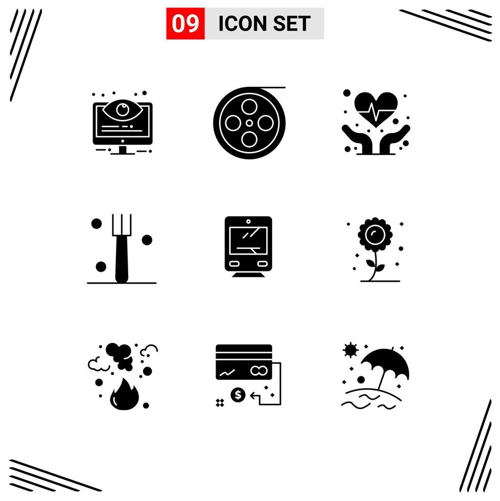 Set of 9 Modern UI Icons Symbols Signs for transportation train video tableware fork Editable Vector Design Elements