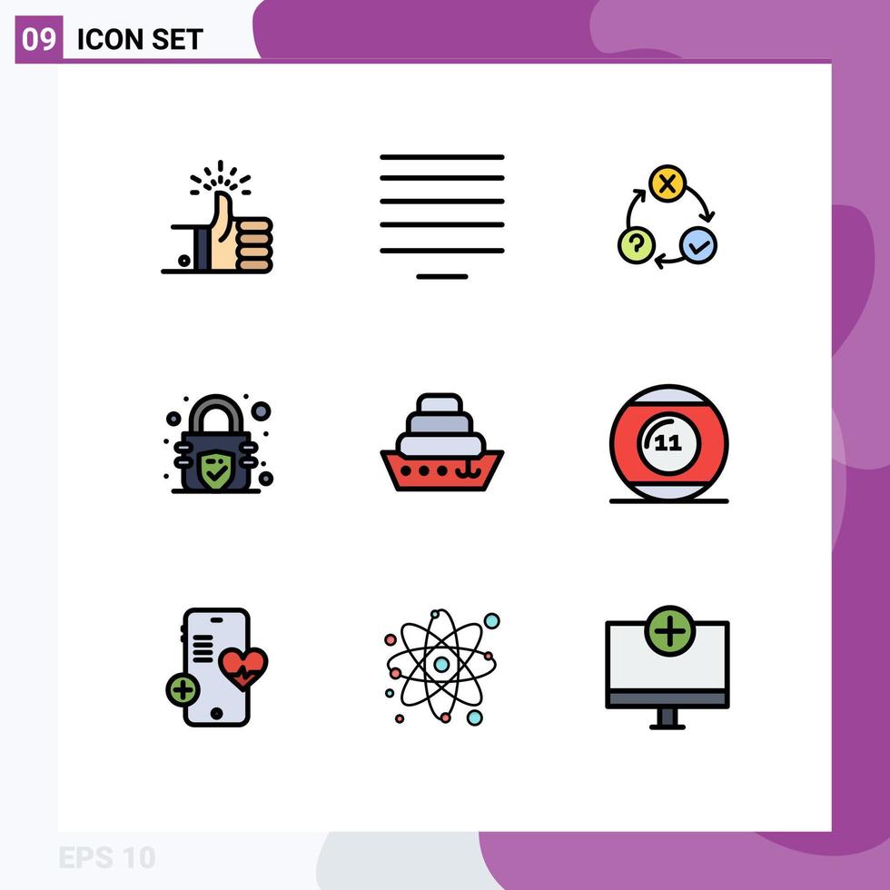 9 User Interface Filledline Flat Color Pack of modern Signs and Symbols of liner security daily lock realization Editable Vector Design Elements