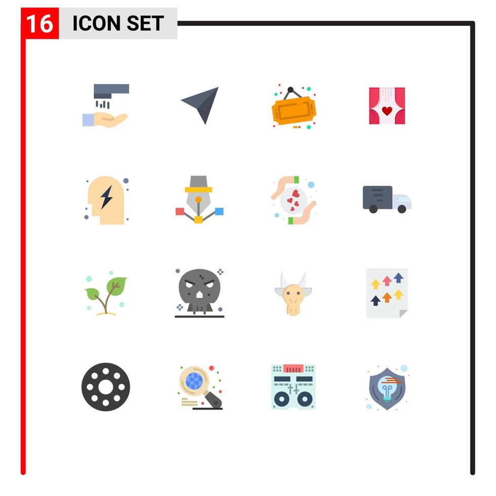 16 iconos creativos, signos y símbolos modernos de estrategia, venta de cabezas, cortinas románticas, paquete editable de elementos creativos de diseño de vectores. vector