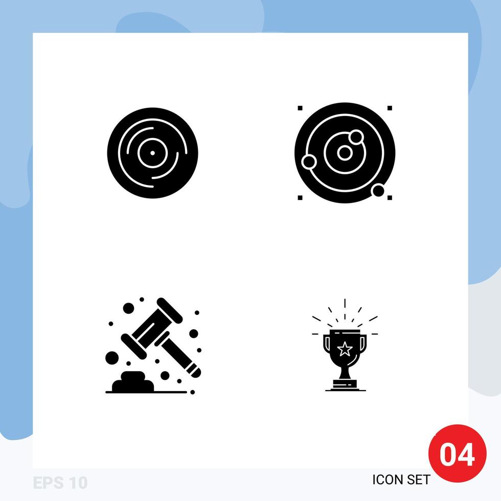 Modern Set of 4 Solid Glyphs and symbols such as beat sphere scratching planetary system gavel Editable Vector Design Elements