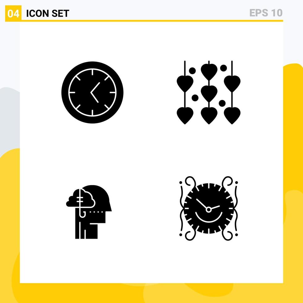 Set of 4 Commercial Solid Glyphs pack for tools habit love borrowing ideas clock Editable Vector Design Elements
