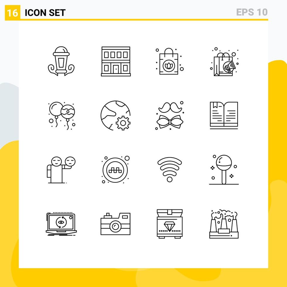 Outline Pack of 16 Universal Symbols of holi balloon handbag shopping digital Editable Vector Design Elements