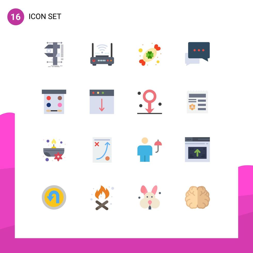 Pack of 16 Modern Flat Colors Signs and Symbols for Web Print Media such as bubble conversation internet chat day Editable Pack of Creative Vector Design Elements