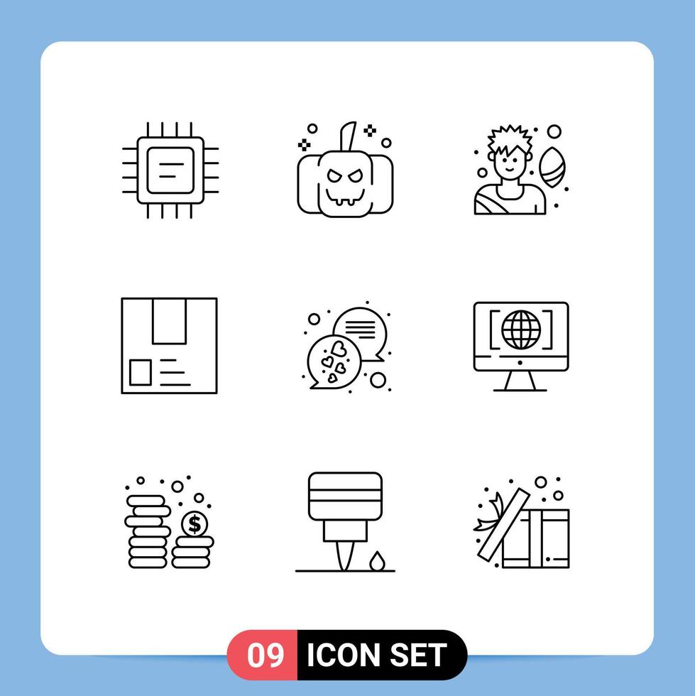 Group of 9 Modern Outlines Set for messages chat game shipment package Editable Vector Design Elements