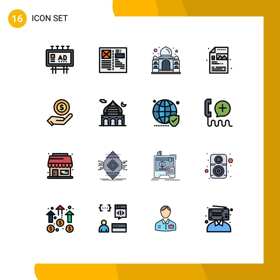 16 Thematic Vector Flat Color Filled Lines and Editable Symbols of image process grid creative taj mahal Editable Creative Vector Design Elements