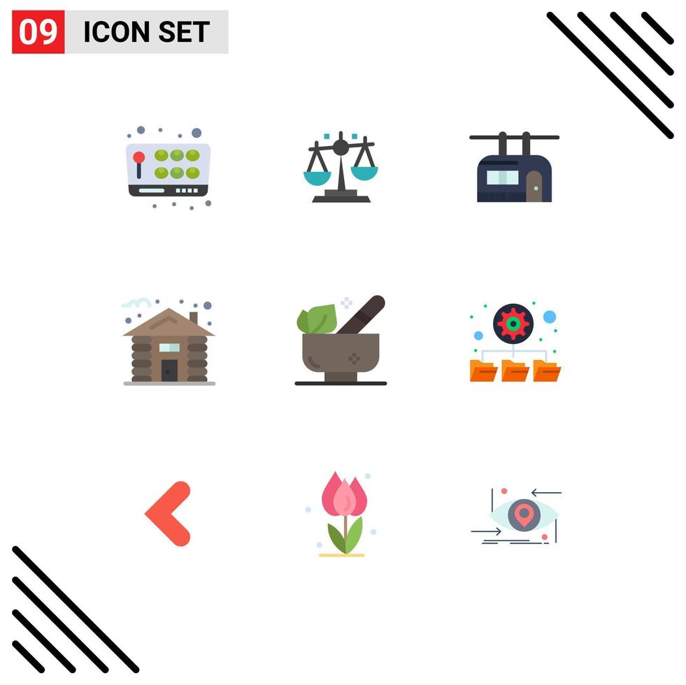 Flat Color Pack of 9 Universal Symbols of relaxation tree chair lift hut forest Editable Vector Design Elements