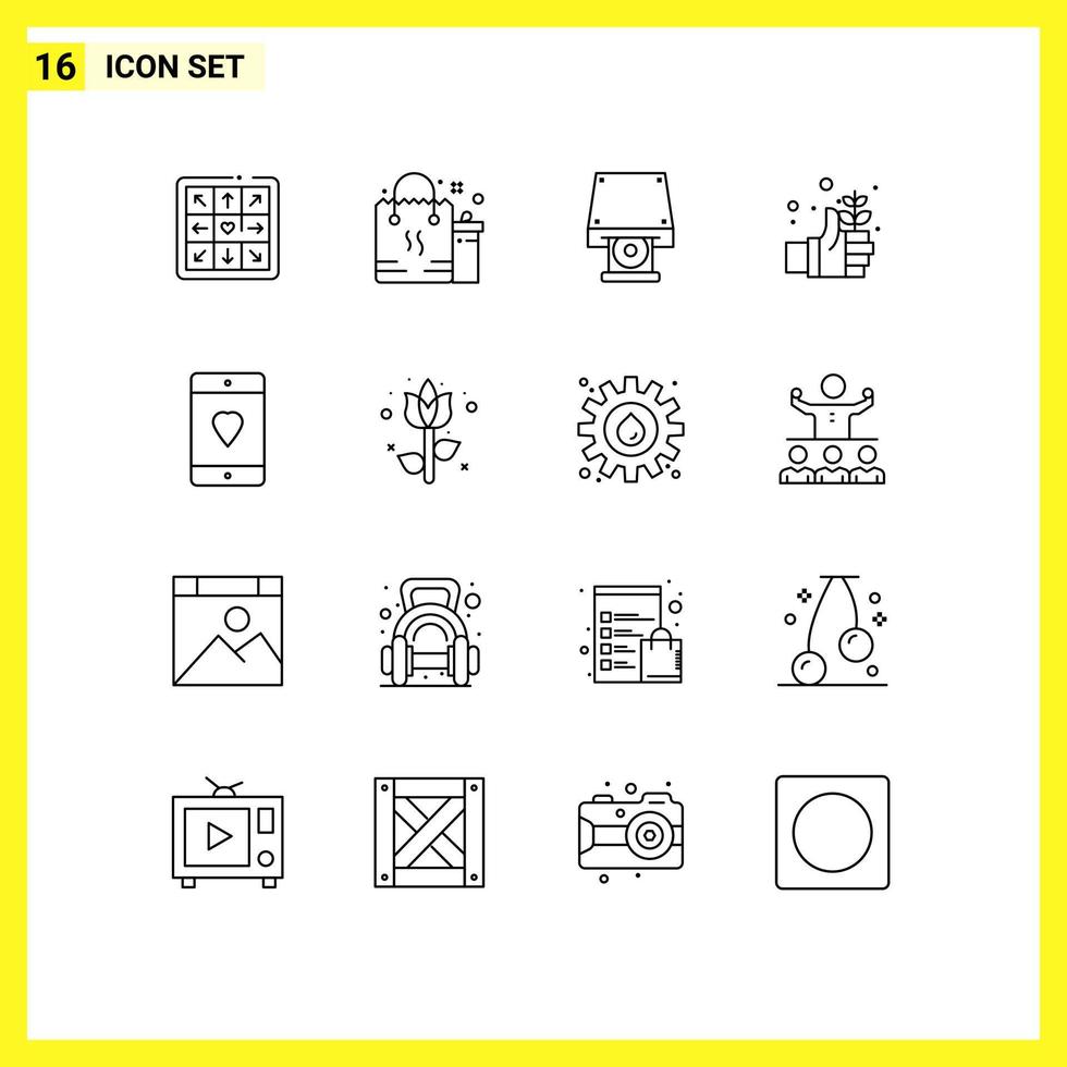 Mobile Interface Outline Set of 16 Pictograms of devices hand dvd safe earth Editable Vector Design Elements