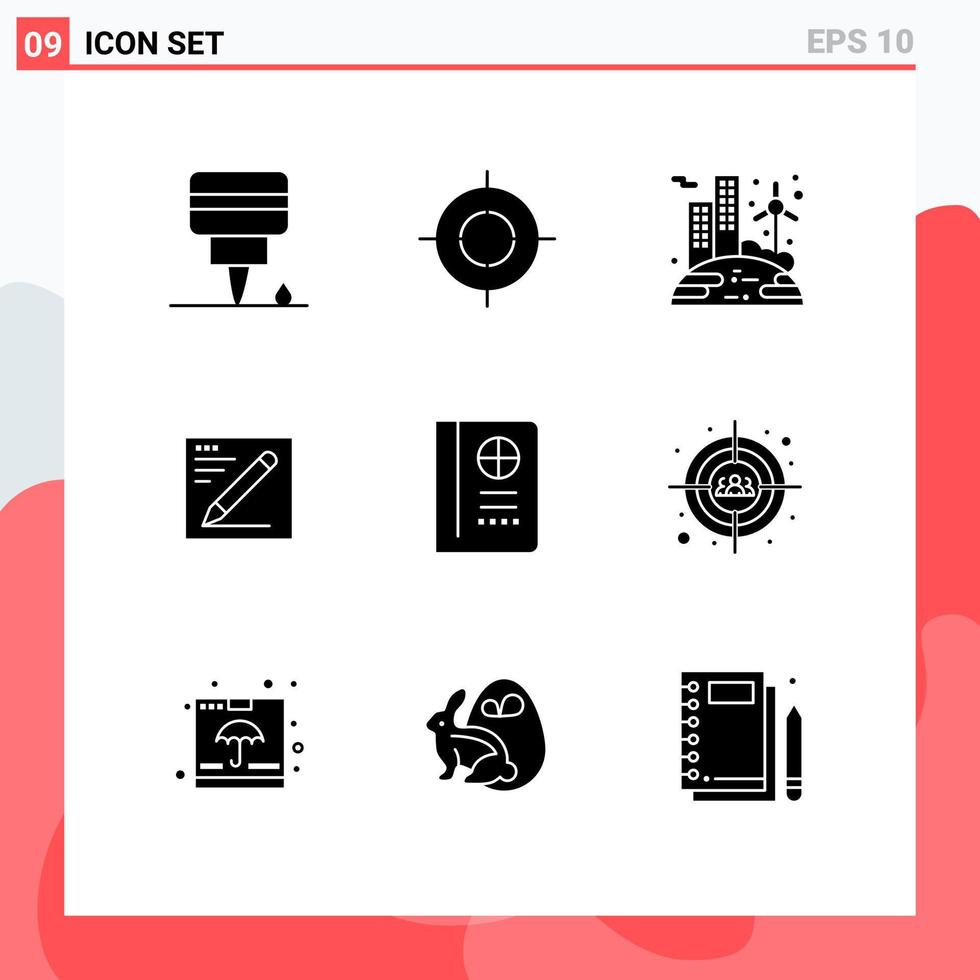 9 User Interface Solid Glyph Pack of modern Signs and Symbols of vacation passport renewable education pencil Editable Vector Design Elements