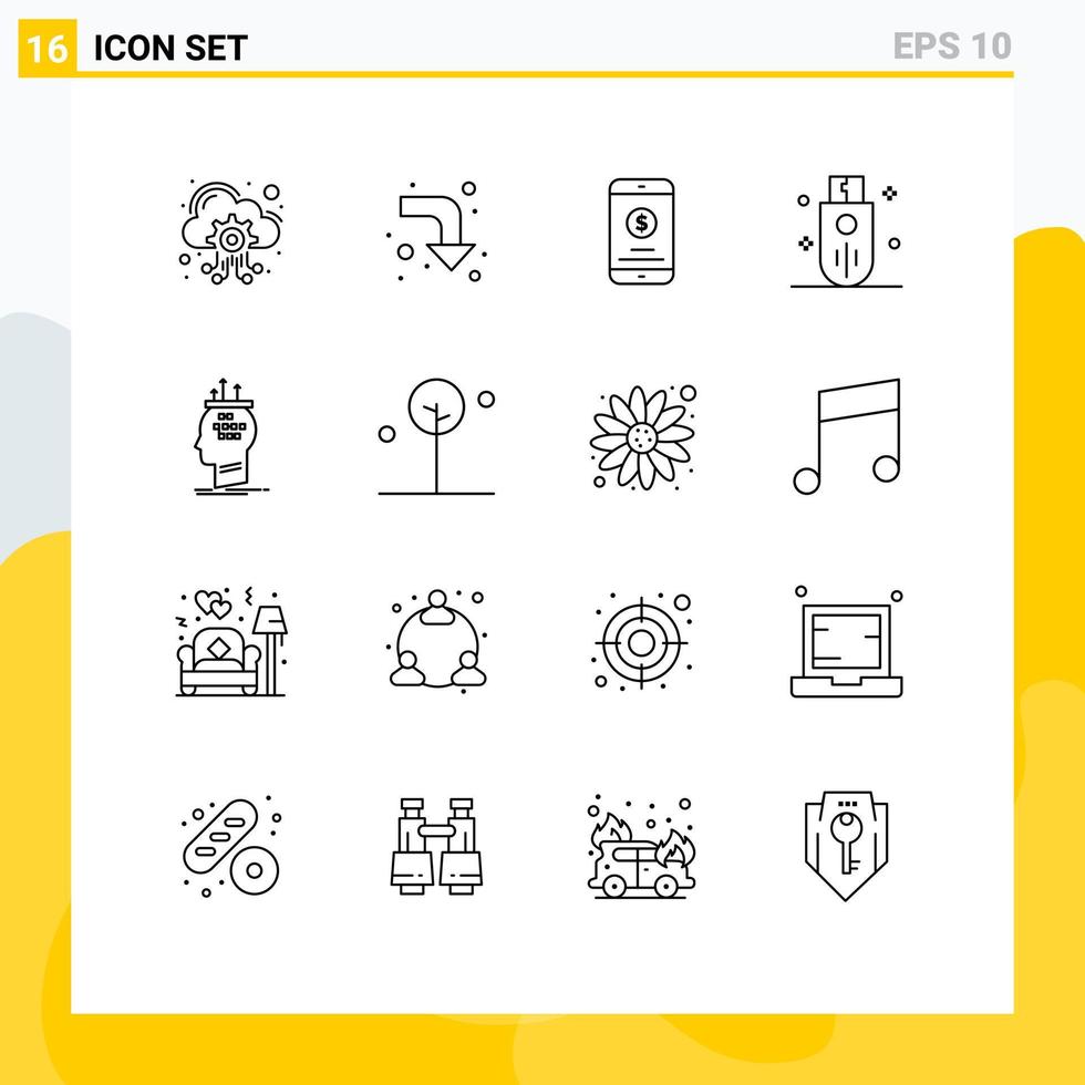 16 Thematic Vector Outlines and Editable Symbols of brain storage mobile money stick memory Editable Vector Design Elements