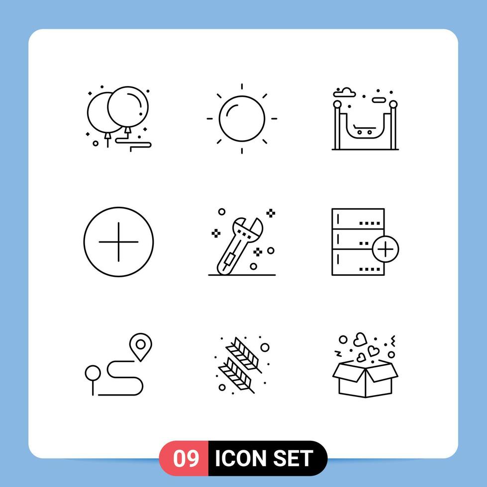 Pack of 9 creative Outlines of base add skate wrench construction Editable Vector Design Elements