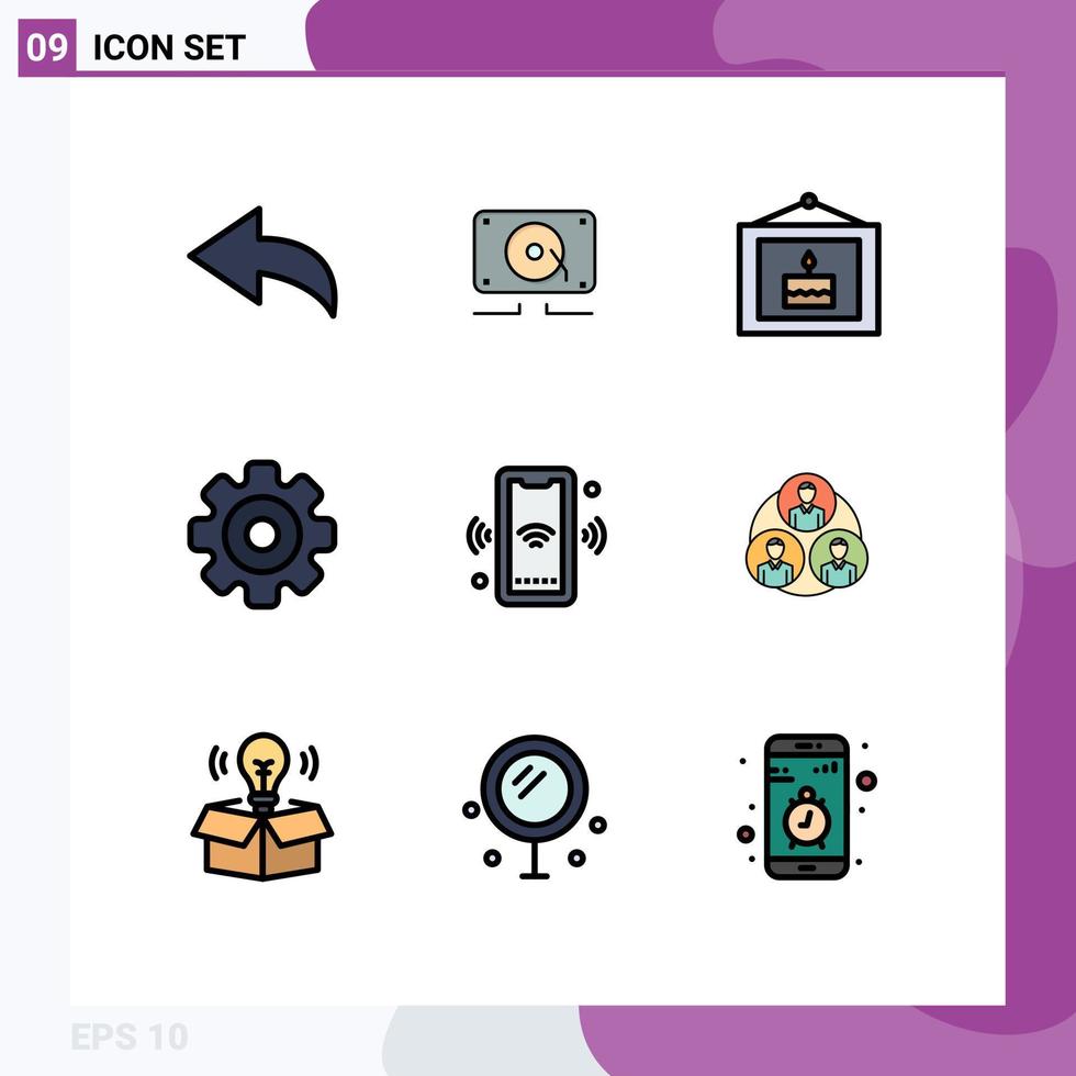 Pack of 9 Modern Filledline Flat Colors Signs and Symbols for Web Print Media such as connect signal party phone media player Editable Vector Design Elements
