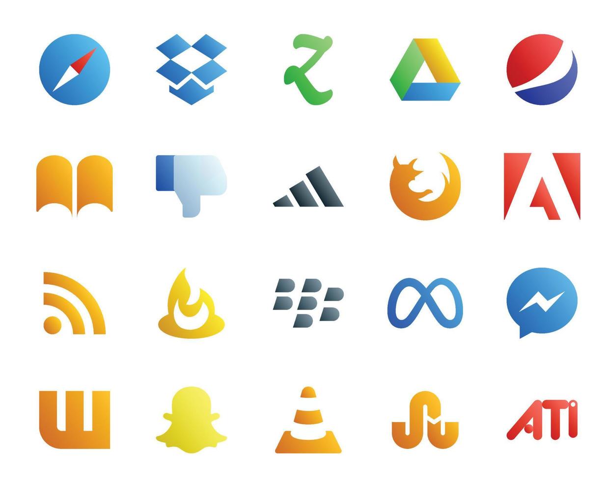 Paquete de 20 íconos de redes sociales que incluye messenger meta adidas blackberry rss vector
