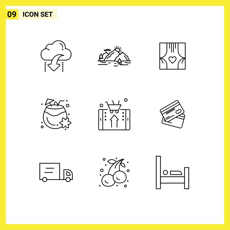 Pack of 9 creative Outlines of drink coconut nature romance curtains Editable Vector Design Elements