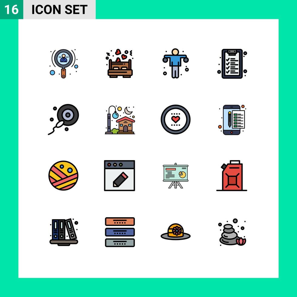 Pack of 16 creative Flat Color Filled Lines of bio fertilization dumbbell learning checklist Editable Creative Vector Design Elements