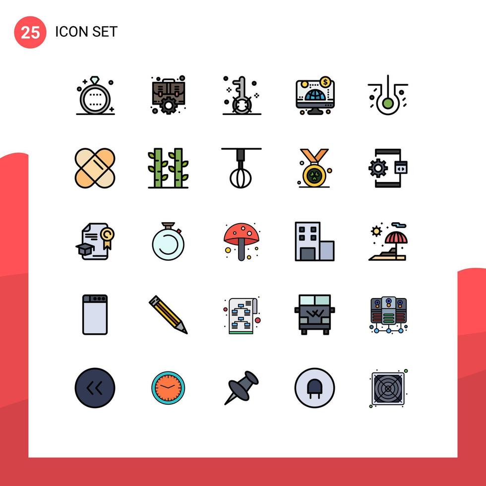 conjunto de pictogramas de 25 colores planos de línea rellena simple de elementos de diseño de vector editables de medios de búsqueda de configuración de computadora de negocios