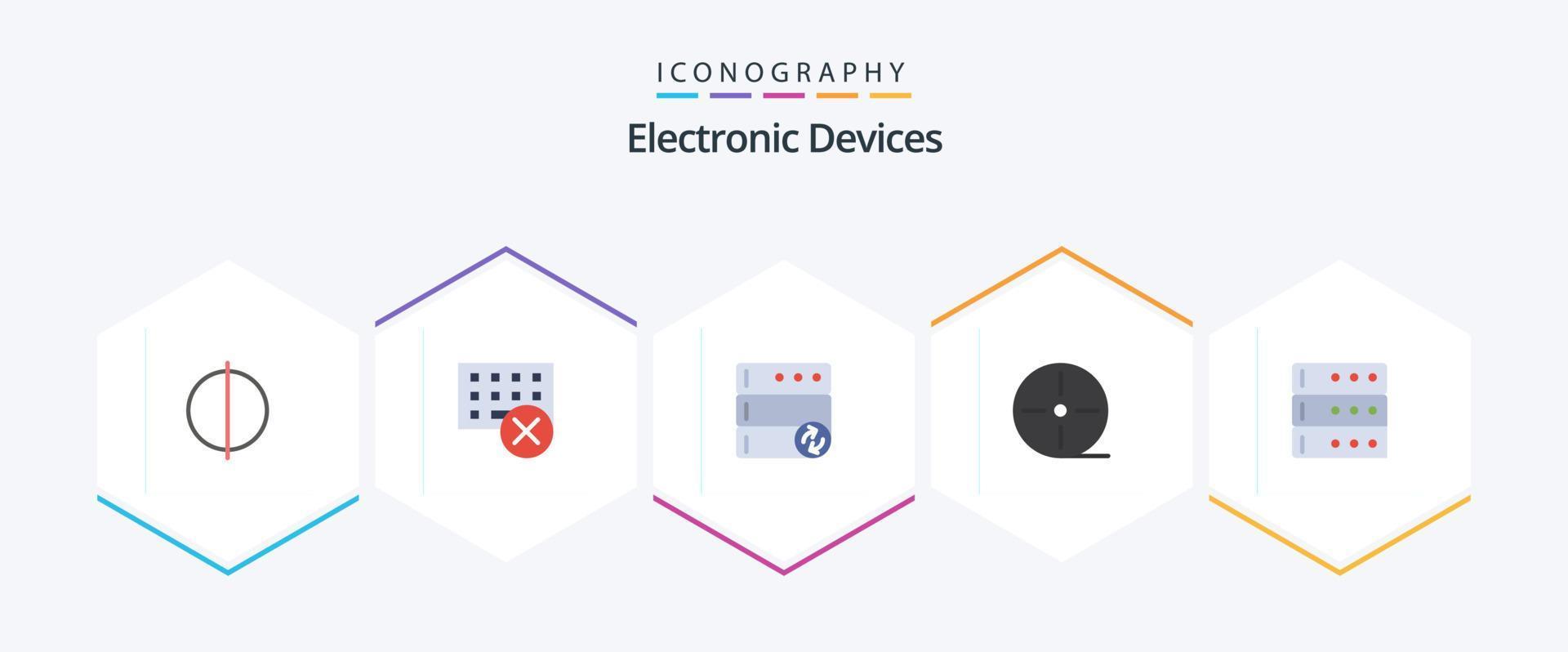 Devices 25 Flat icon pack including server. data. database. technology. film vector