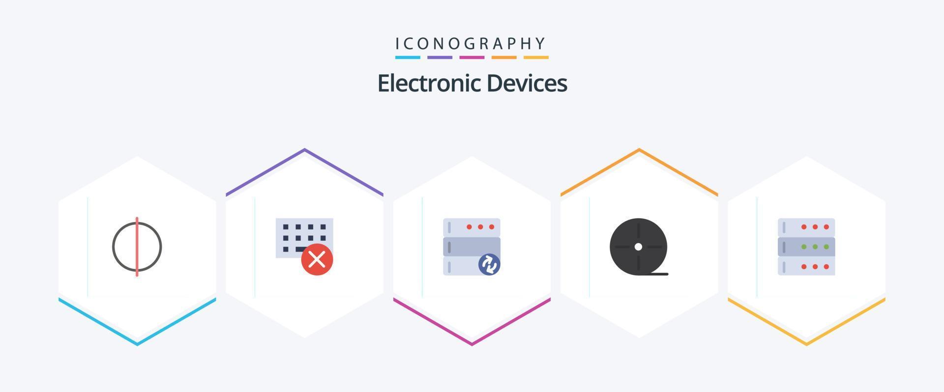 paquete de iconos planos de 25 dispositivos que incluye servidor. datos. base de datos. tecnología. película vector