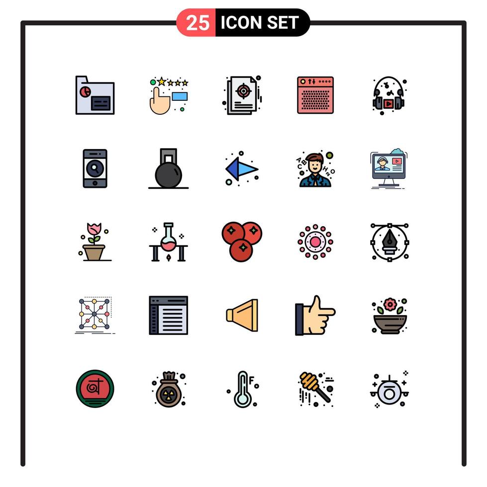 Filled line Flat Color Pack of 25 Universal Symbols of hobbies multimedia focus device amplifier Editable Vector Design Elements