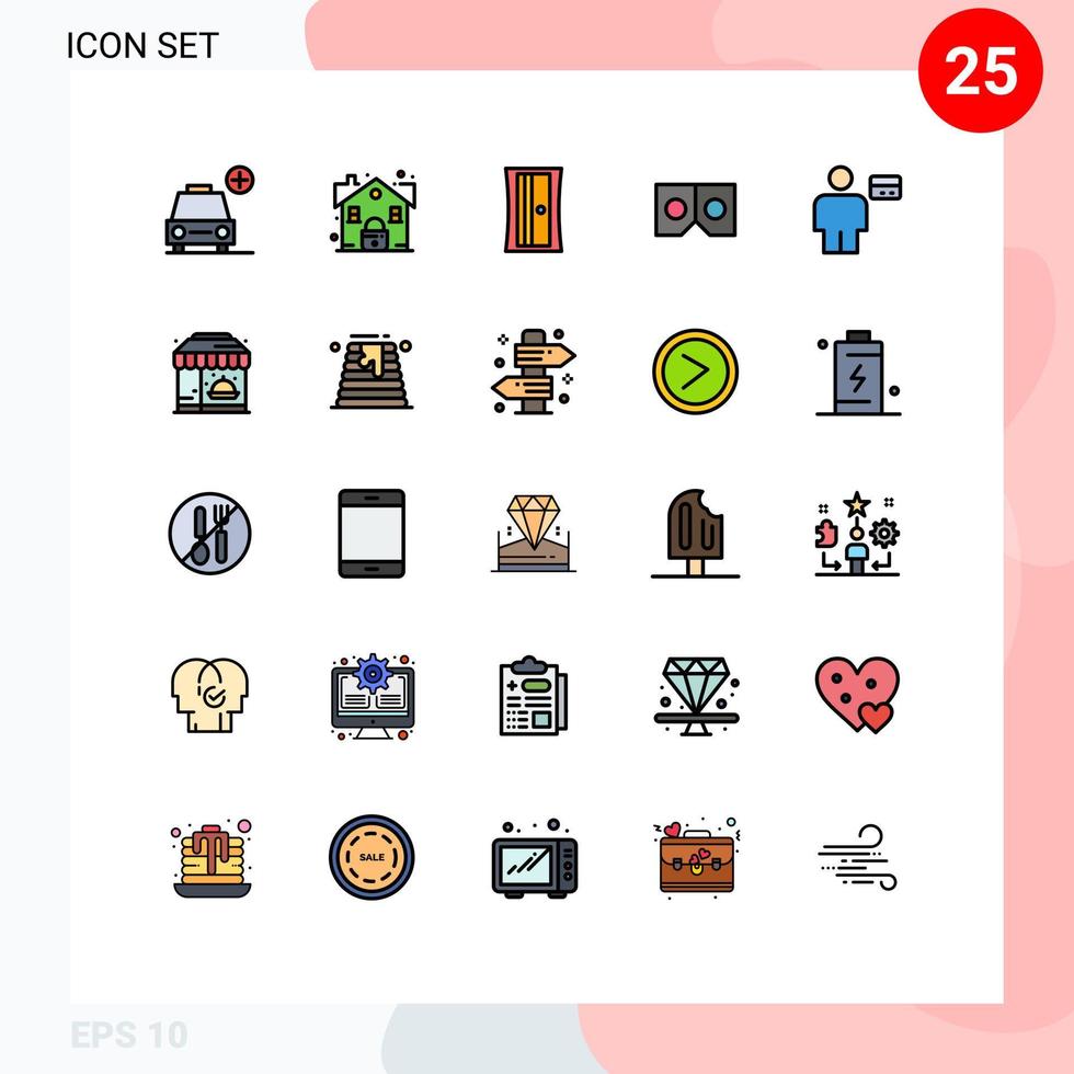 conjunto de pictogramas de 25 colores planos de línea llena simple de elementos de diseño de vector editable de avatar de educación de cuerpo de crédito vr