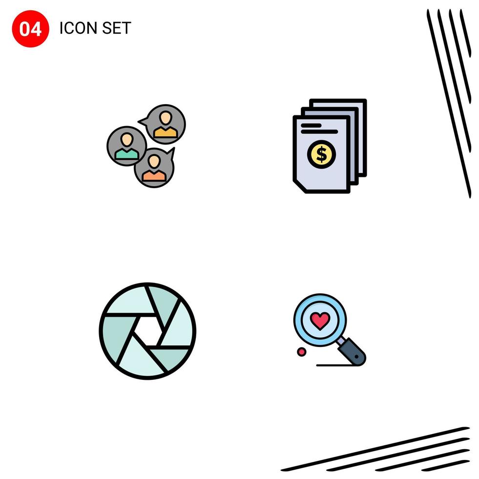 Filledline Flat Color Pack of 4 Universal Symbols of focus group document group file camera Editable Vector Design Elements