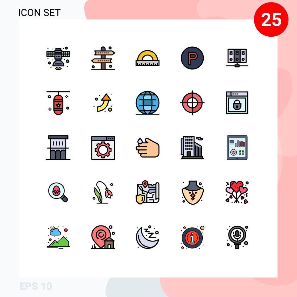 Editable Vector Line Pack of 25 Simple Filled line Flat Colors of parking transport game scale measure Editable Vector Design Elements