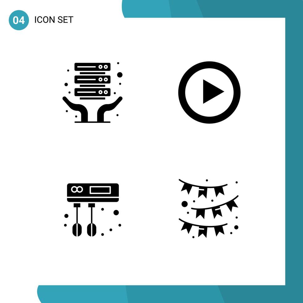 Group of 4 Solid Glyphs Signs and Symbols for internet hosting celebrate video cook party Editable Vector Design Elements