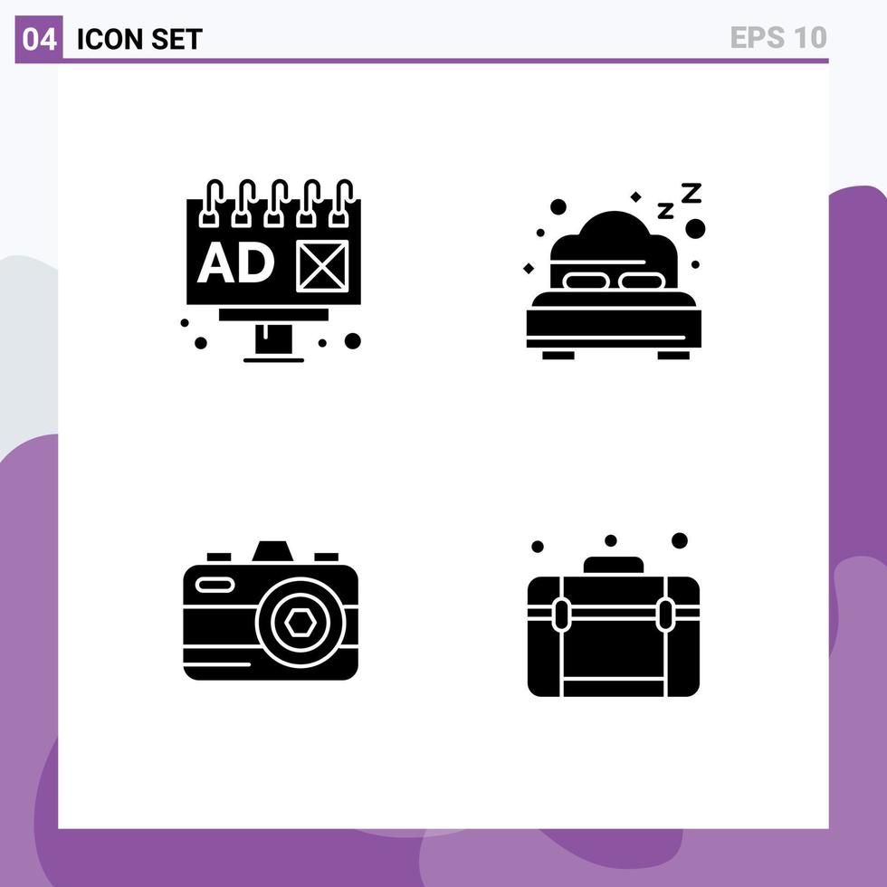 4 Universal Solid Glyphs Set for Web and Mobile Applications ad bag summer camera travel Editable Vector Design Elements