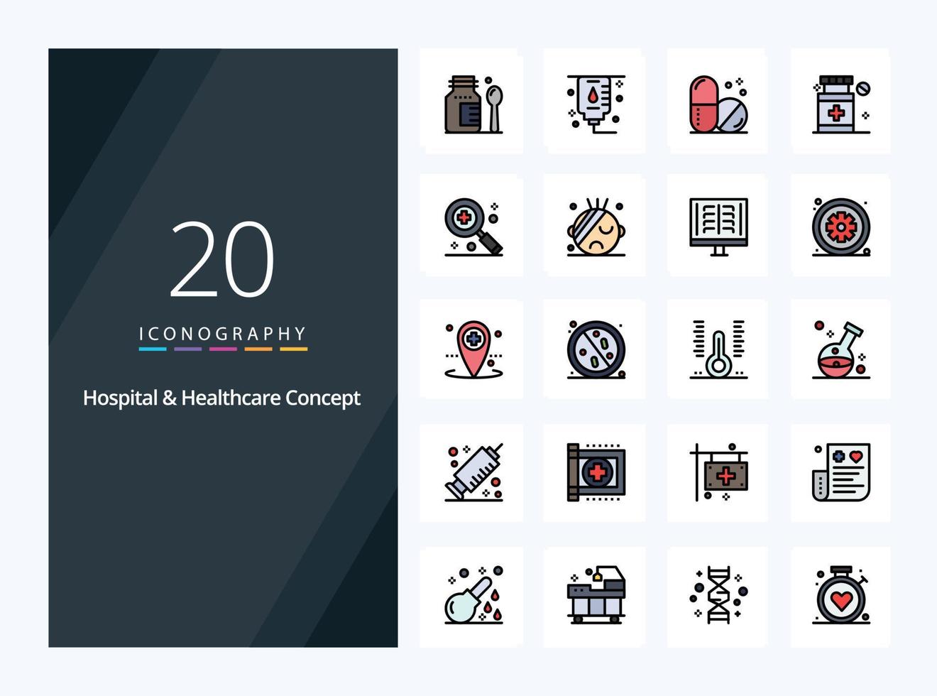 20 iconos llenos de línea de concepto de atención médica hospitalaria para presentación vector