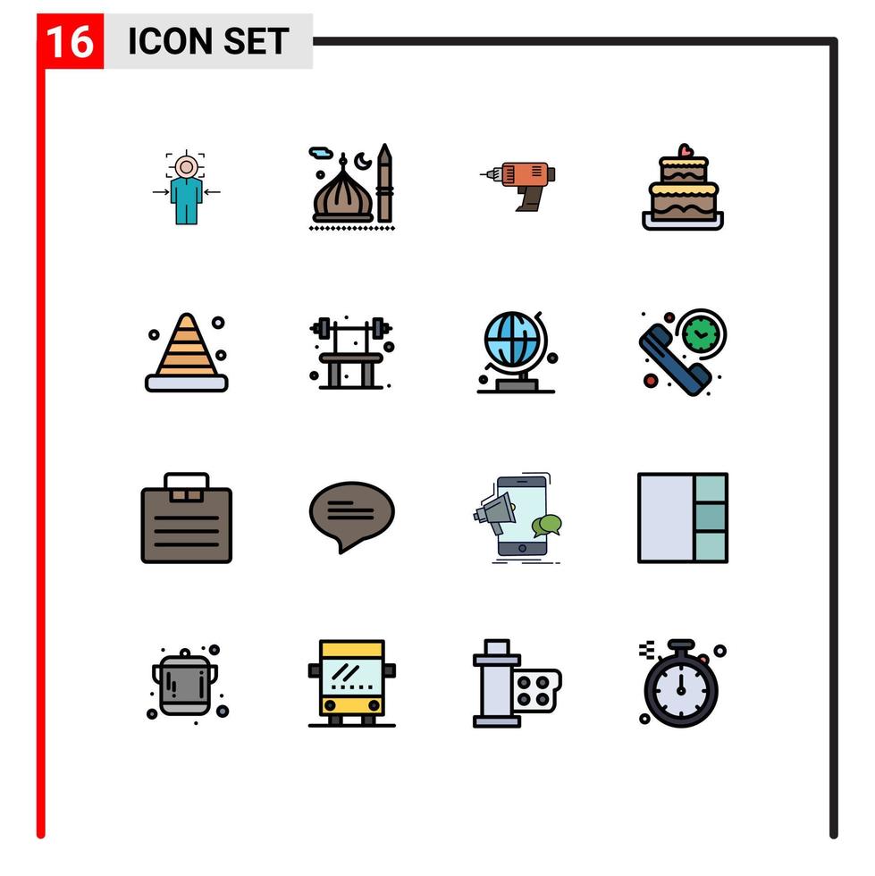 Pack of 16 creative Flat Color Filled Lines of wedding cake cake muslim electronics machine Editable Creative Vector Design Elements