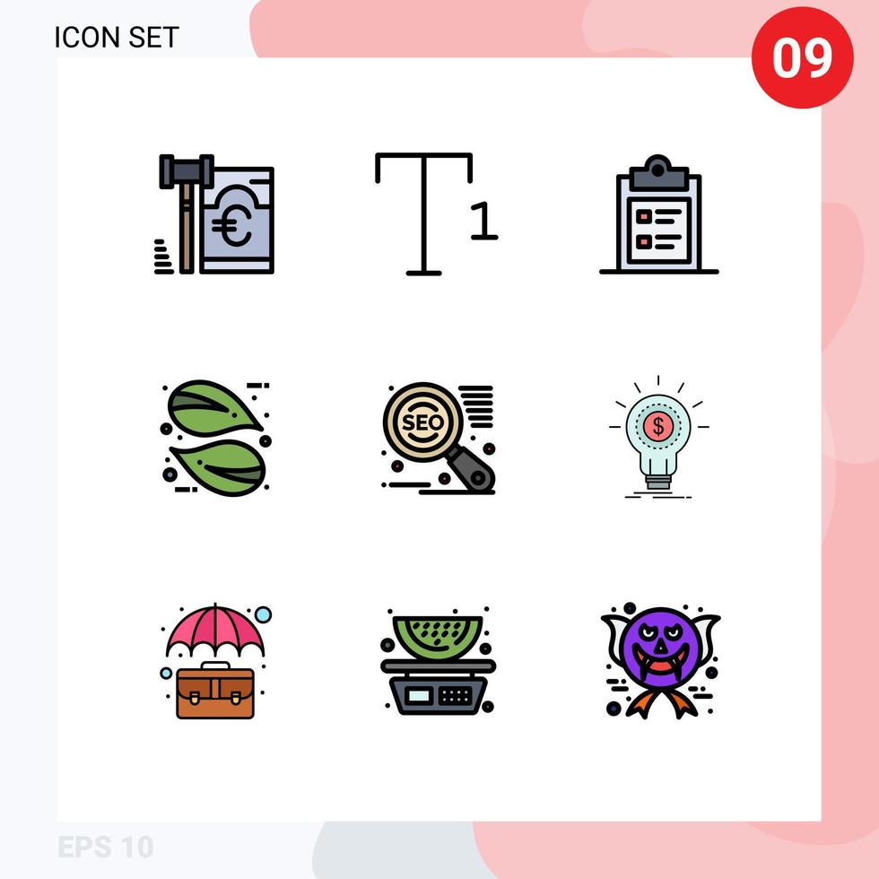 Filledline Flat Color Pack of 9 Universal Symbols of finance seo paper search engine nature Editable Vector Design Elements