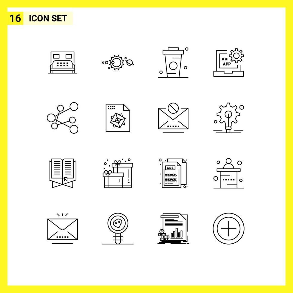 Group of 16 Outlines Signs and Symbols for development coding astronomy app drinks Editable Vector Design Elements